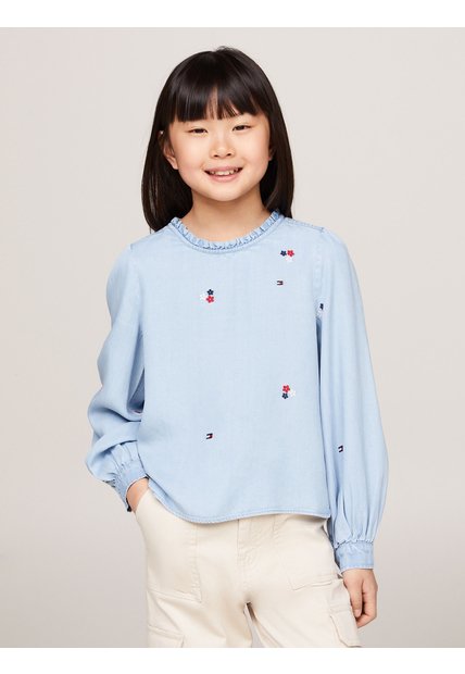 Blusa Azul De Chambray Con Bordado Floral Tommy Hilfiger