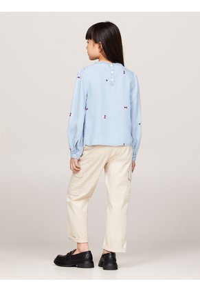 Blusa Azul De Chambray Con Bordado Floral Tommy Hilfiger