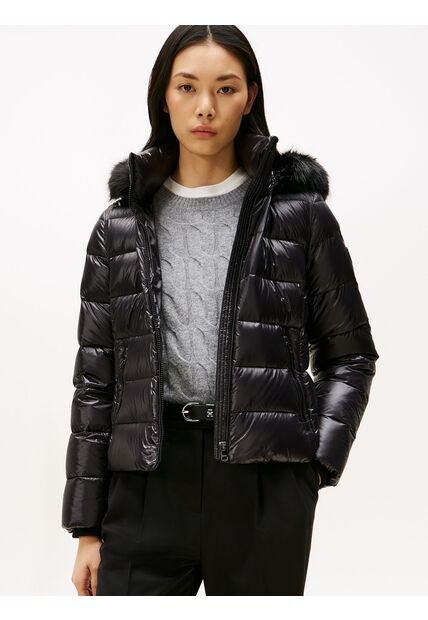 Chaqueta Negra Brillante Con Capota Y Plumón Tommy Hilfiger