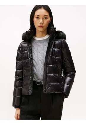 Chaqueta Negra Brillante Con Capota Y Plumón Tommy Hilfiger