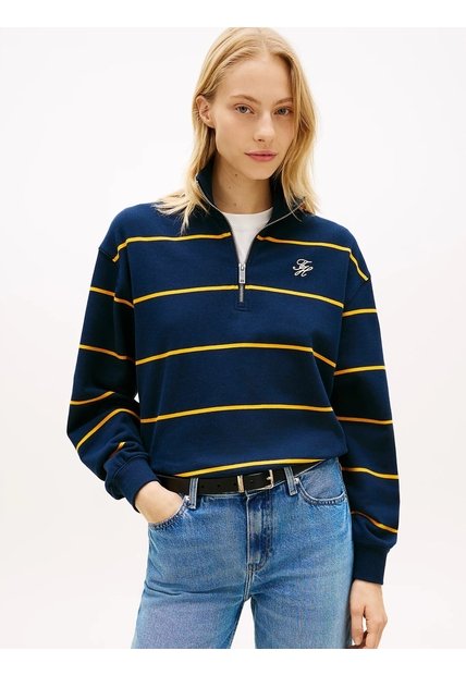 Saco Azul Tejido De Felpa Con Cremallera De Un Cuarto Y Logo Tommy Hilfiger