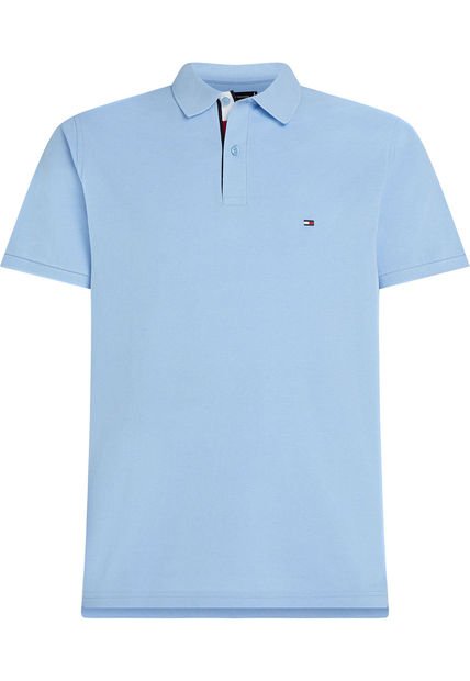 Polo Celeste Con Tapeta Ribeteada Y Logo Bordado Tommy Hilfiger