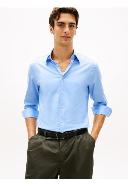 Camisa Azul Twill De Corte Regular Con Cuello Flexible Tommy Hilfiger