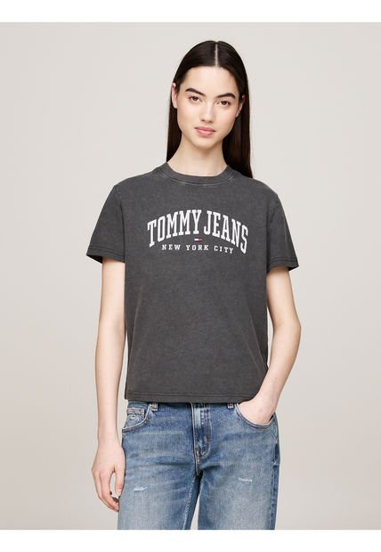 Camiseta Gris De Cuello Redondo Con Logo Tommy Jeans