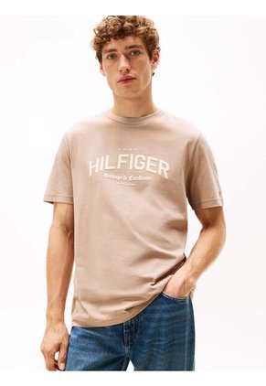Camiseta Beige De Cuello Redondo Con Logo Gráfico Tommy Hilfiger