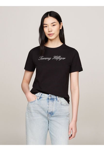 Camiseta Negra De Corte Regular Con Logo Script Tommy Hilfiger