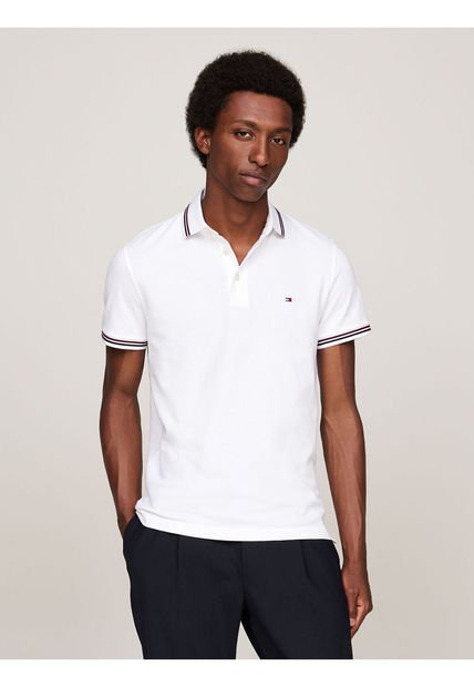 Polo Blanco De Corte Slim Con Ribetes Tommy Hilfiger
