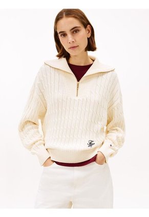 Saco Blanco Con Cierre De Cremallera De 1/2 Con Tejido Cableado Tommy Hilfiger