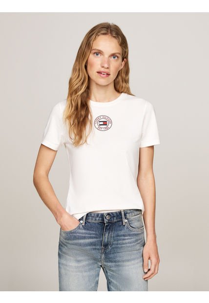 Camiseta Blanca De Corte Slim Con Sello Tommy Hilfiger