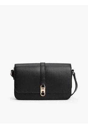 Bolso Negro Cruzado Con Solapa Y Monograma TH Tommy Hilfiger