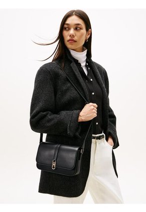 Bolso Negro Cruzado Con Solapa Y Monograma TH Tommy Hilfiger