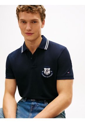 Polo Azul De Corte Regular Con Escudo Tommy Hilfiger