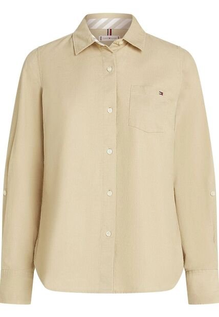 Camisa Beige Oxford Manga Larga Con Logo Tommy Hilfiger