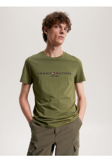 Camiseta De Cuello Redondo Con Logo Hombre Verde Tommy Hilfiger