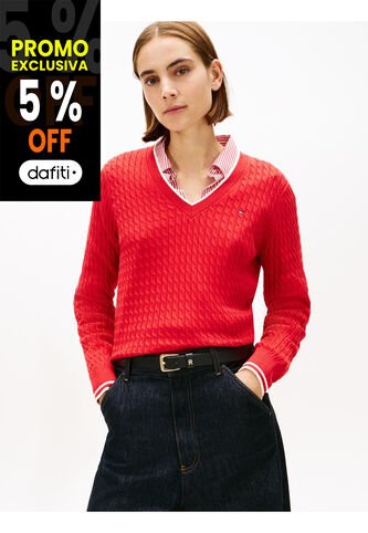 Saco Rojo De Punto Trenzado Con Cuello En V Tommy Hilfiger Tommy Hilfiger