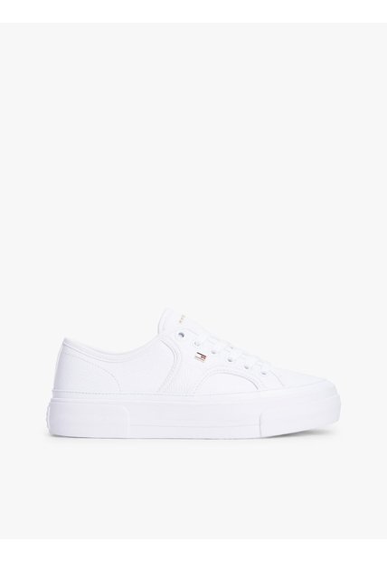 Tenis Blanco De Cuero Granulada Con Plataforma Y Logo Tommy Hilfiger