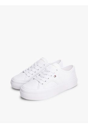 Tenis Blanco De Cuero Granulada Con Plataforma Y Logo Tommy Hilfiger