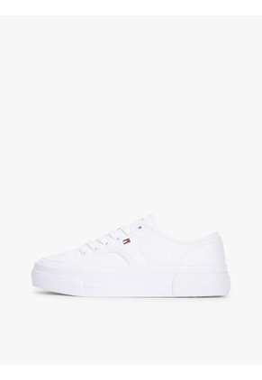 Tenis Blanco De Cuero Granulada Con Plataforma Y Logo Tommy Hilfiger