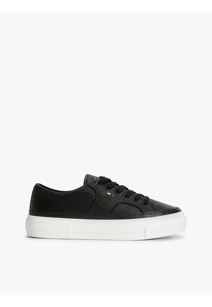 Tenis Negro De Cuero Granulada Con Plataforma Y Logo Tommy Hilfiger