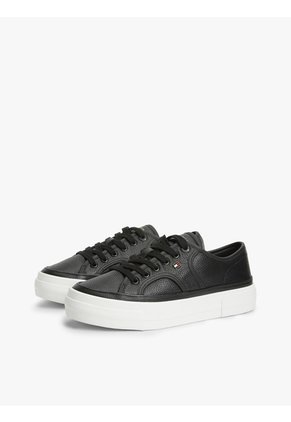 Tenis Negro De Cuero Granulada Con Plataforma Y Logo Tommy Hilfiger