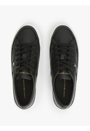 Tenis Negro De Cuero Granulada Con Plataforma Y Logo Tommy Hilfiger