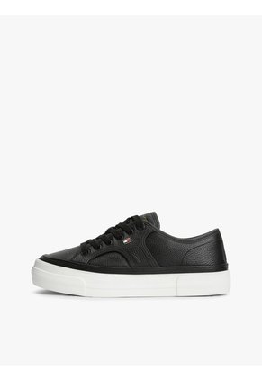 Tenis Negro De Cuero Granulada Con Plataforma Y Logo Tommy Hilfiger