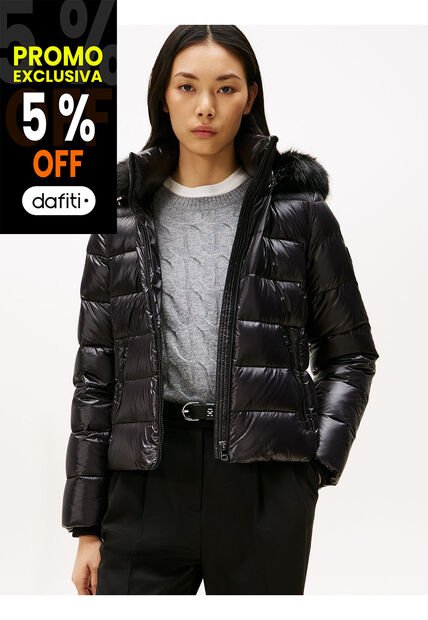 Chaqueta Negra Brillante Con Capota Y Plumón Tommy Hilfiger