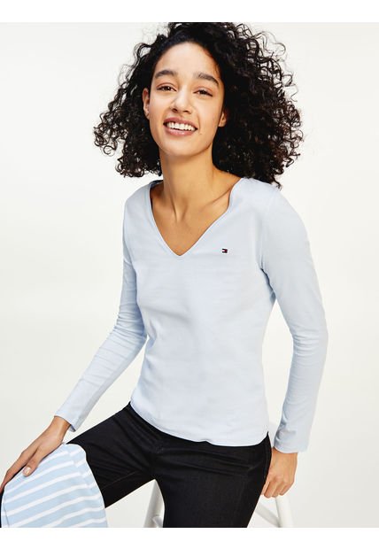 Camiseta De Cuello En V Y Manga Larga Azul Tommy Hilfiger