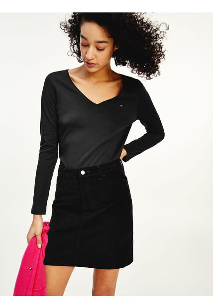 Camiseta De Cuello En V Y Manga Larga Negro Tommy Hilfiger