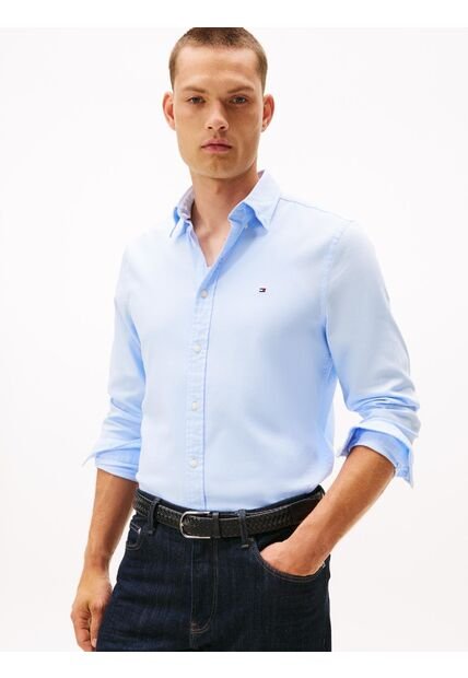 Camisa Celeste Slim De Hilo Teñido Tommy Hilfiger