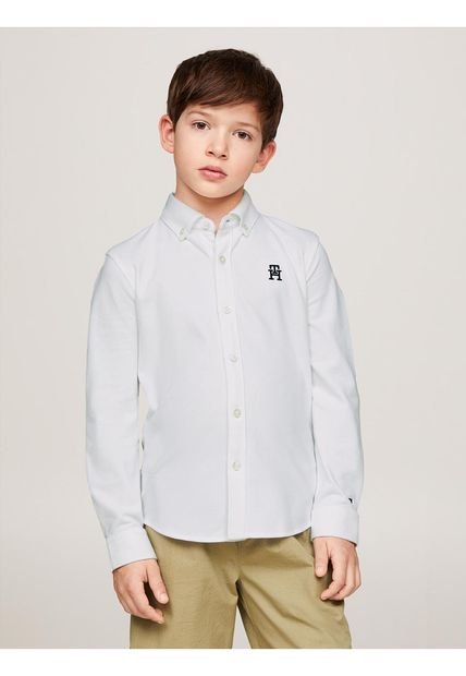 Camisa Blanca Niño Th Monogram Regular En Piqué Tommy Hilfiger