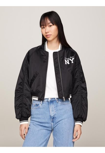 Chaqueta Negra Bomber De Satén Acolchada Tommy Jeans