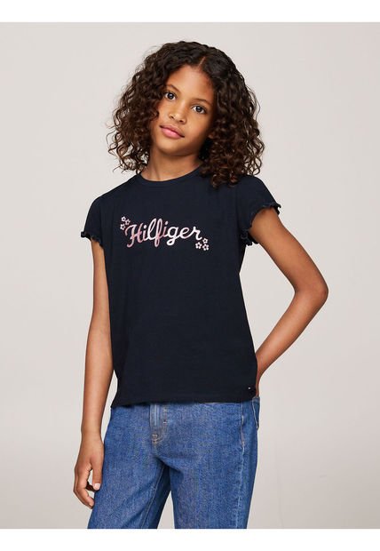 Camiseta Azul Oscuro Con Logo Floral Para Niña Tommy Hilfiger