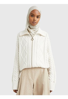 Saco De Punto Trenzado Con Cremallera Mujer Blanco Tommy Hilfiger