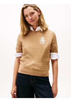 Saco Beige Con Tejido Cable Y Logo Gráfico Tommy Hilfiger