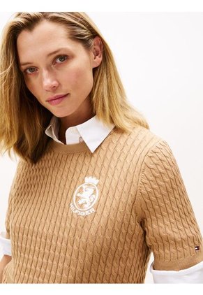 Saco Beige Con Tejido Cable Y Logo Gráfico Tommy Hilfiger