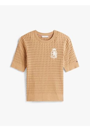 Saco Beige Con Tejido Cable Y Logo Gráfico Tommy Hilfiger