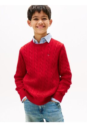 Saco Rojo De Punto Trenzado Y Cuello Redondo Tommy Hilfiger