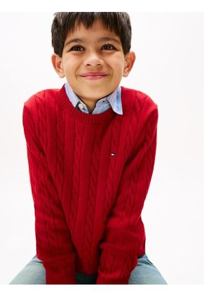 Saco Rojo De Punto Trenzado Y Cuello Redondo Tommy Hilfiger