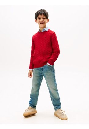 Saco Rojo De Punto Trenzado Y Cuello Redondo Tommy Hilfiger