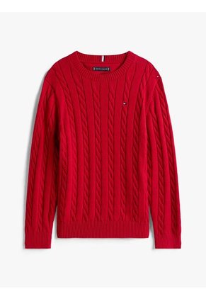 Saco Rojo De Punto Trenzado Y Cuello Redondo Tommy Hilfiger