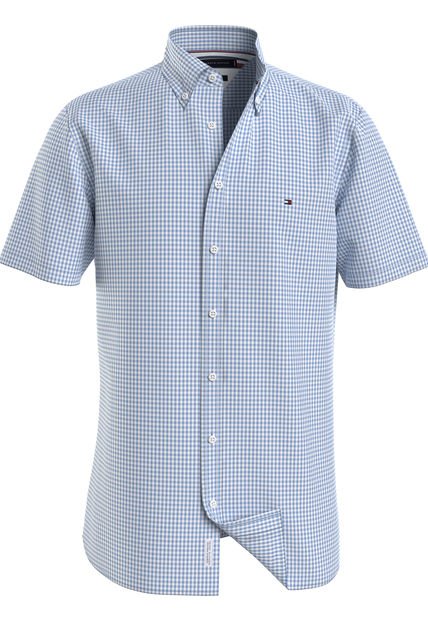 Camisa Celeste Oxford A Cuadros Con Manga Corta Tommy Hilfiger