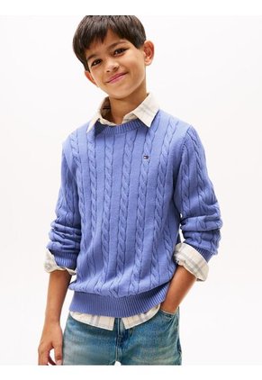 Saco Azul De Punto Trenzado Y Cuello Redondo Tommy Hilfiger