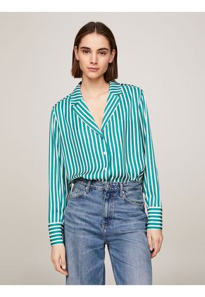 Camisa Verde De Rayas Con Corte Amplio Tommy Hilfiger