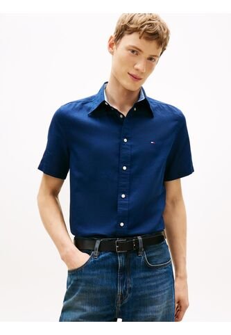 Camisa Azul Lino Solida De Corte Regular Tommy Hilfiger Tommy Hilfiger
