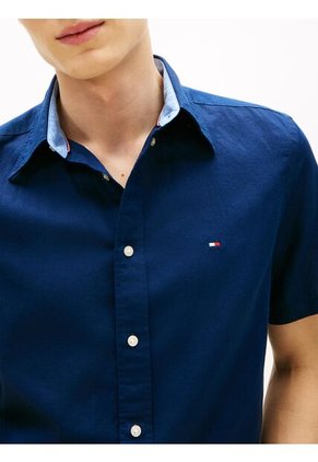 Camisa Azul Lino Solida De Corte Regular Tommy Hilfiger
