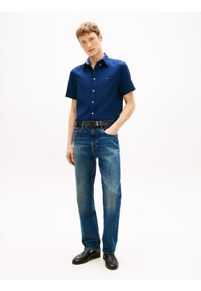 Camisa Azul Lino Solida De Corte Regular Tommy Hilfiger