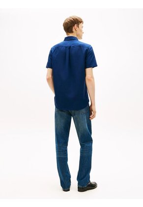 Camisa Azul Lino Solida De Corte Regular Tommy Hilfiger