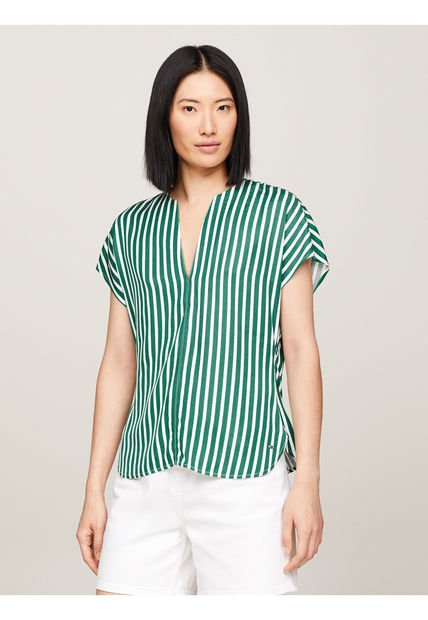 Blusa Verde Fluida Con Rayas De Manga Corta Tommy Hilfiger