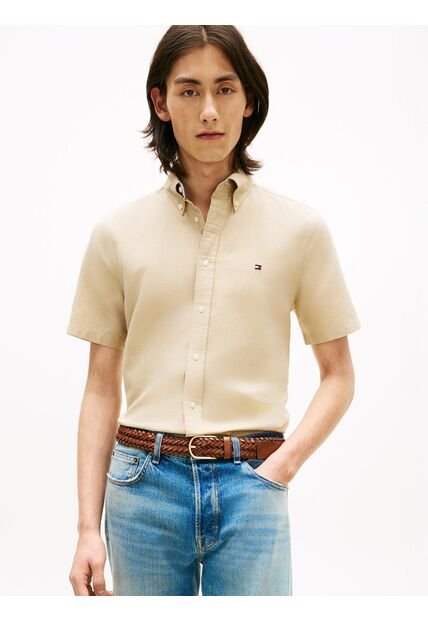Camisa Beige Lino Solida De Corte Regular Tommy Hilfiger